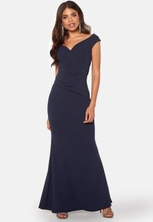 Goddiva Bardot Pleat Maxi Dress Navy S (UK10)