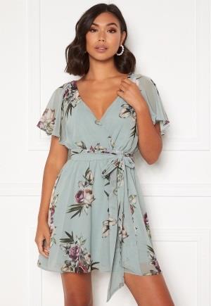 Goddiva Floral Flutter Dress Duck Egg L (UK14)