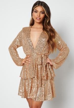 John Zack Sequin Deep V Ruffle Skater Dress Gold XS (UK8)