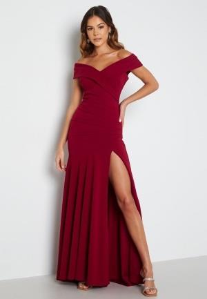 Goddiva Bardot Pleat Maxi Split Dress Wine-red L (UK14)