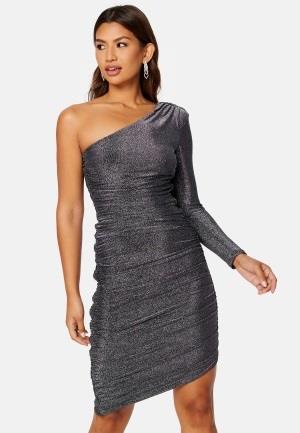 Goddiva One Shoulder Glitter Mini Dress Black/Silver L (UK14)