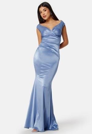 Goddiva Satin Bardot Pleat Maxi Dress Dusty Blue XXL (UK18)