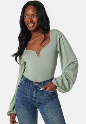 BUBBLEROOM Square V-neck Long Sleeve Puff Top Green XL