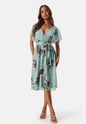 Goddiva Flutter Floral Midi Dress Duck Egg L (UK14)