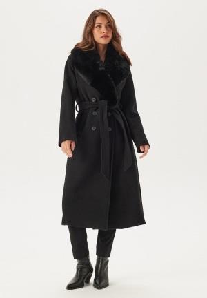 Chiara Forthi Fur Collar Belted Wool Blend Coat Black XS