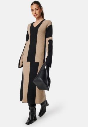 BUBBLEROOM V-neck Knitted Midi Dress Beige/Black S