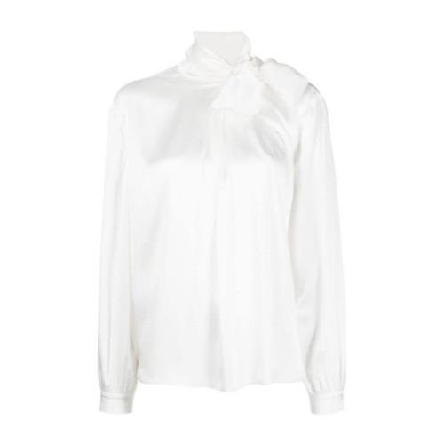 Hvit Taffeta Silkeskjorte med Plissert Detalj