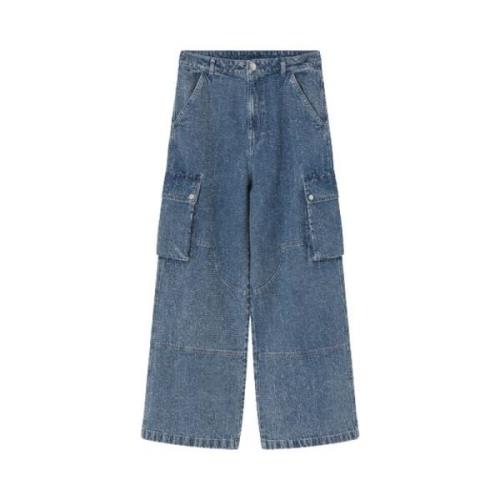 Mid Blue Teksturerte Wide-Leg Jeans