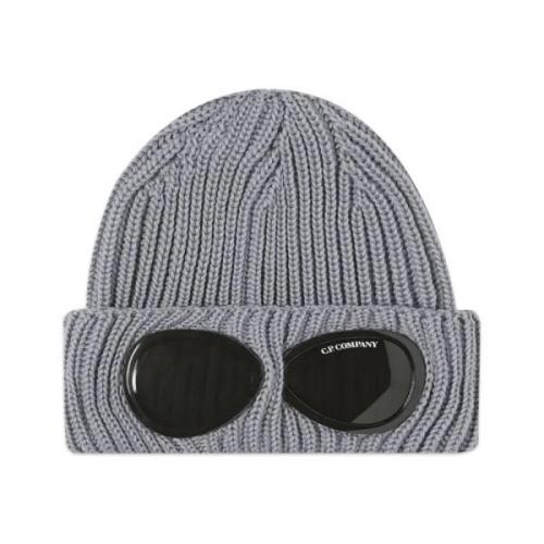 Grå Melange Ribbestrikket Beanie med Goggle-detalj