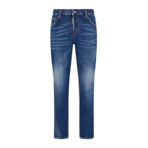 Blå Stretch-Bomull Denim Jeans med Whiskering Effekt