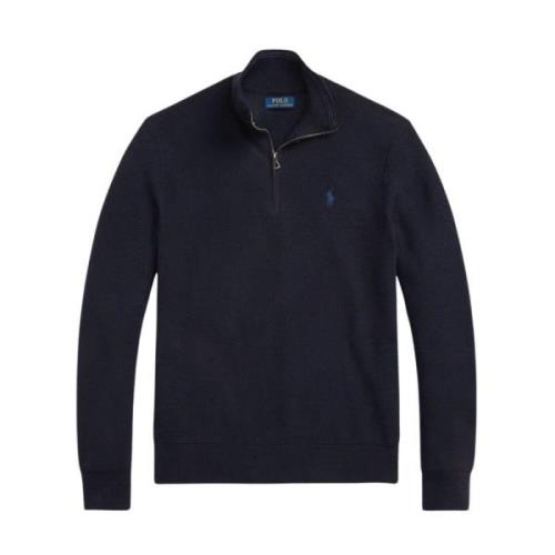 Marineblå Mesh-Strikket Bomull Quarter-Zip Sweater