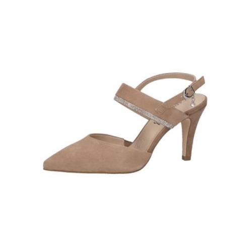 Beige Bark Suede Pumps med Glitterstripe og Hengende Diamant