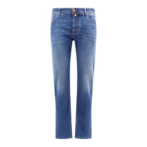Blå Slim Fit Jeans med Metall Knappelukking