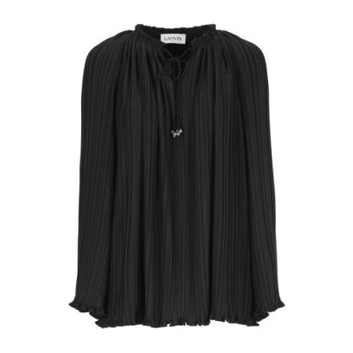 Sort Plissert Bluse med V-Hals