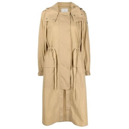 Beige Parka med Snøring i Midjen og Hette