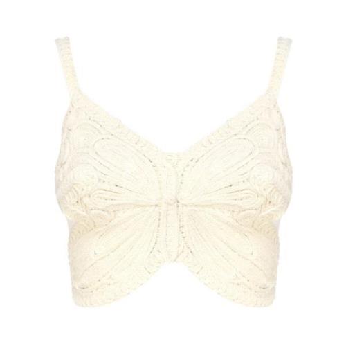 Hvit Ribbestrikket Crop Top med Butterfly Wing Broderi