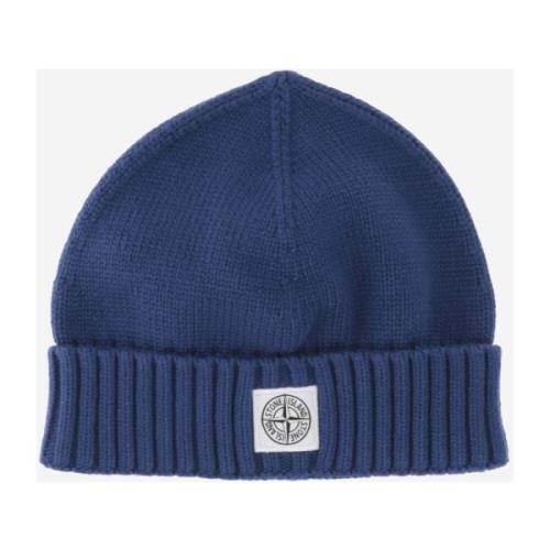 Blå Bomullsblanding Beanie med Logo Label