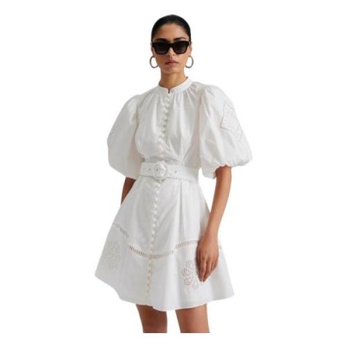 Allie Pouf Sleeve Embroidered Mini Dress - White