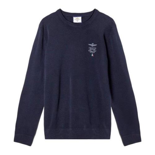 Marineblå Bomull Crew Neck Genser