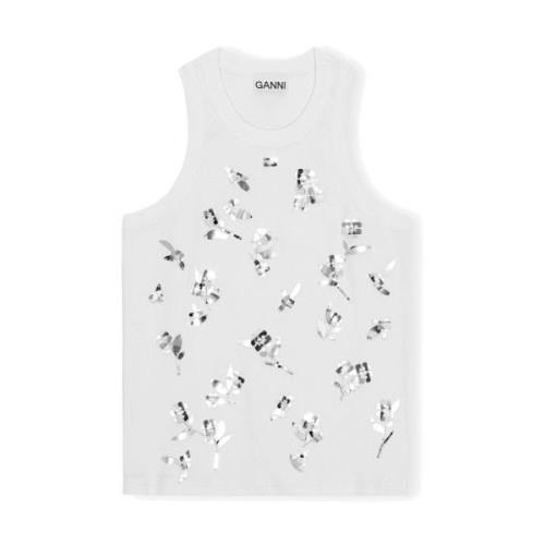 Hvit Ganni Rib Jersey Embellish Tank Top Bright White Topp