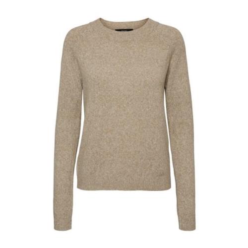 Beige Strikket Pullover med O-Hals