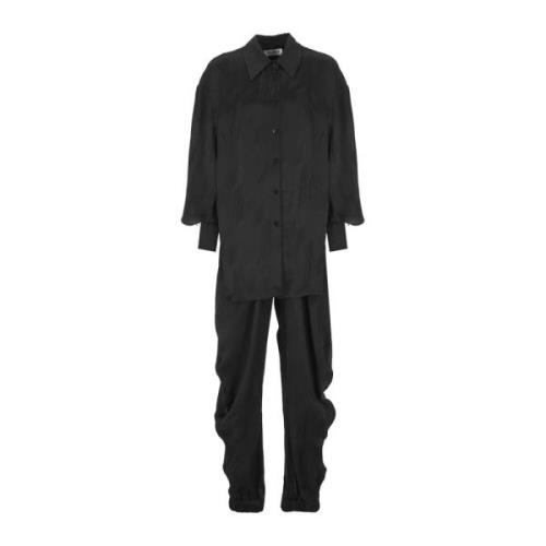 Sort bomulls jumpsuit med krage og lange ermer