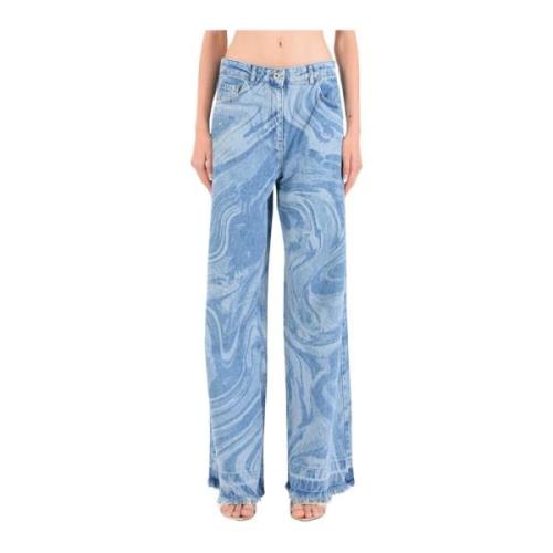 Wide Leg Denim Jeans med Laser Print og Rhinestone Detalj