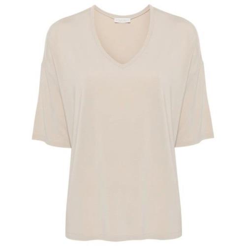 Beige V-hals T-skjorte med dropped shoulders