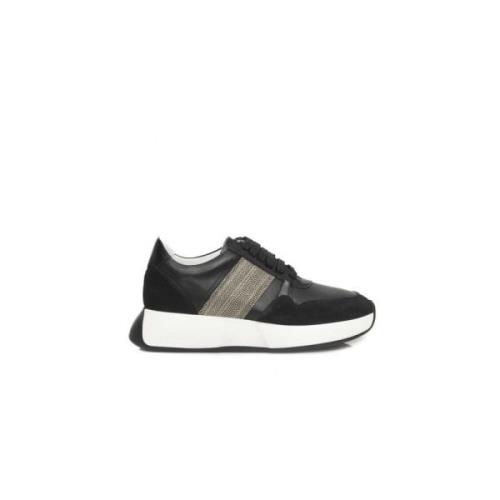 Sort Skinn Platform Sneakers med Logo