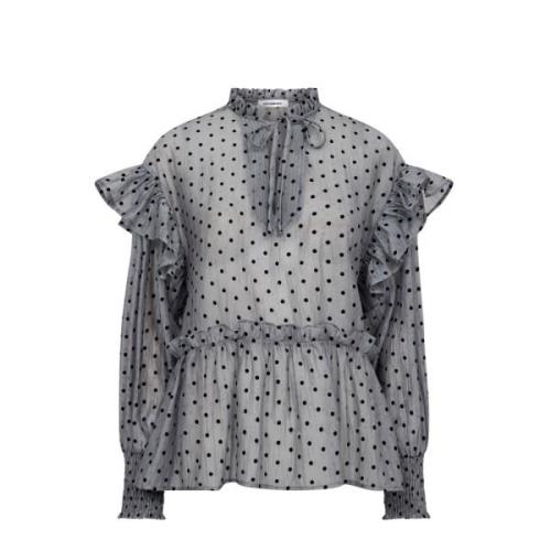 Polka Dot V-Frill Bluse Lys Grå