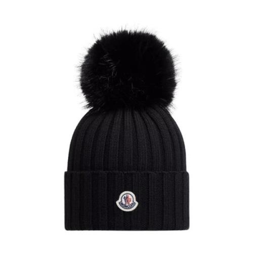 Svart Ull Pom Pom Beanie Lue