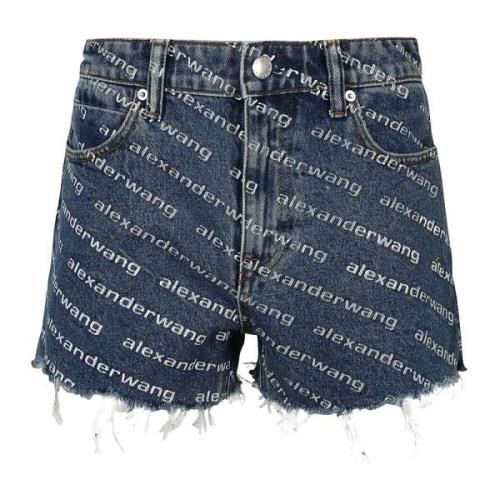 Dyp Blå/Hvit Logo Print Høy Midje Shorts