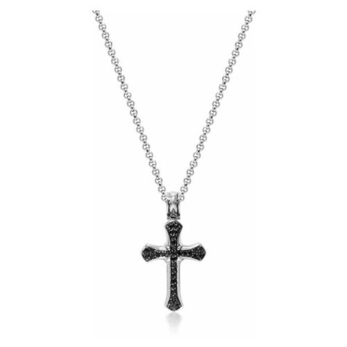 Mens Silver Necklace with Black CZ Cross