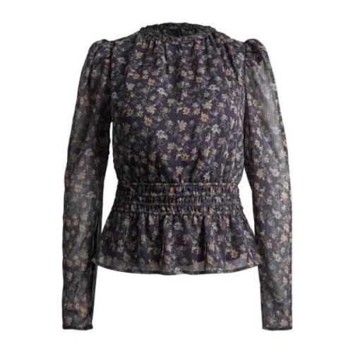 Navy Dahlia Print Ruffle Blouse