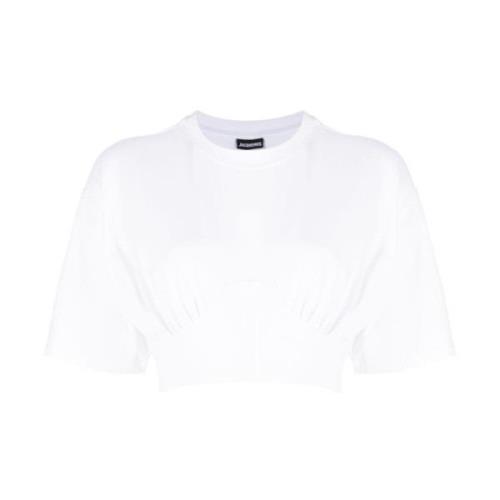 Hvit Drapert Detalj Crew Neck T-skjorte