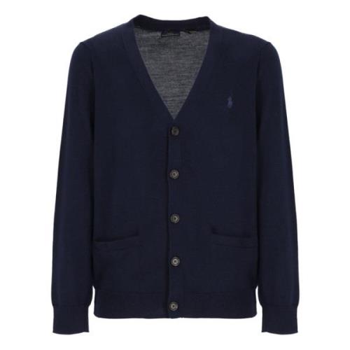 Blå Merinoull V-Hals Cardigan for Menn