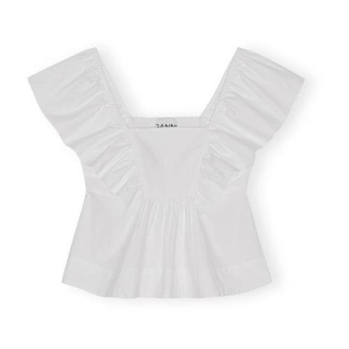 Hvit Ganni Hvit Poplin Ruffle Blouse