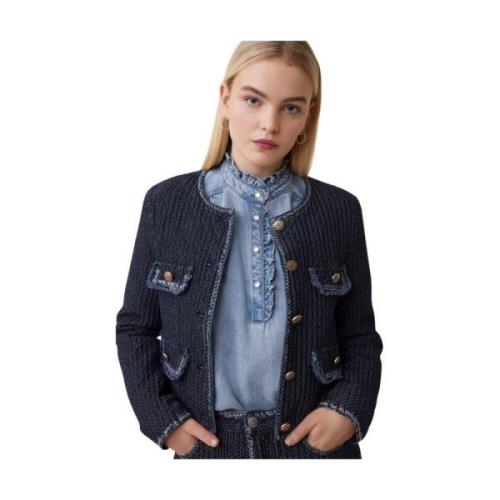 Strukturert denim blazer med gull detaljer