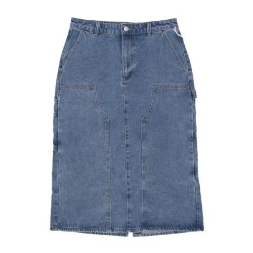 Denim Midi Skjørt med Verktøylommer