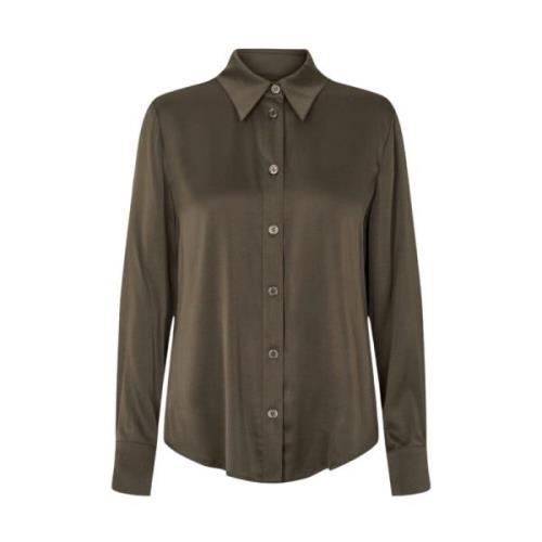 Elegant Olive/Khaki Bluse med Rynkedetaljer