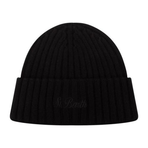 Svart Kasjmir Ribbestrikket Beanie Lue