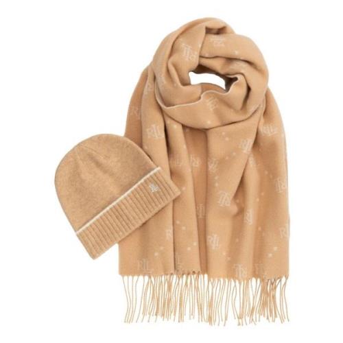 Beige Lauren By Ralph Lauren Camel Logo Jaquard Skjerf & Beanie Set Yt...