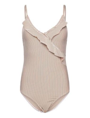 Striba Bly Frill Swimsuit Badedrakt Badetøy Beige Becksöndergaard