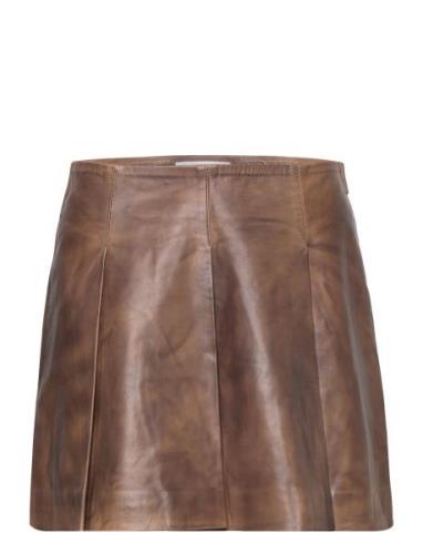 Leather Pleated Skirt Kort Skjørt Brown REMAIN Birger Christensen