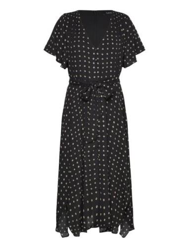 Geo-Print Crepe Flutter-Sleeve Dress Knelang Kjole Black Lauren Ralph ...