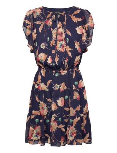 Floral Crinkle Georgette Tie-Neck Dress Kort Kjole Navy Lauren Ralph L...