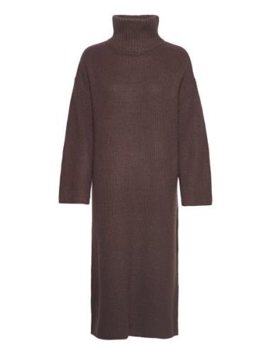 Slfelina Ls Knit Highneck Dress B Knelang Kjole Brown Selected Femme