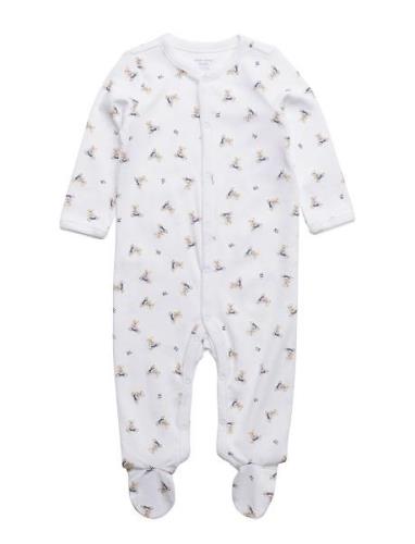 Polo Bear Cotton Coverall Langermet Bodysuit White Ralph Lauren Baby