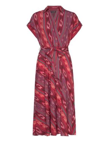 Geo-Striped Belted Crepe Dress Knelang Kjole Red Lauren Ralph Lauren