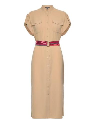 Belted Double-Faced Georgette Shirtdress Dresses Shirt Dresses Beige L...